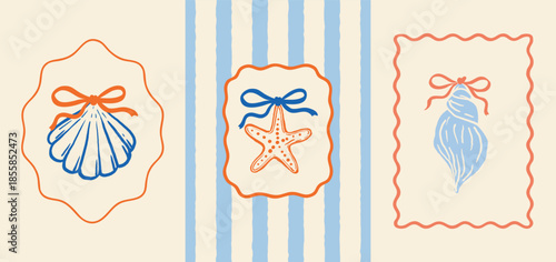 Three decorative wavy labels in coral and blue tones. Includes scallop shell, starfish, and spiral shell with ribbon bows. Ideal for summer tags, greeting cards, packaging or journals.