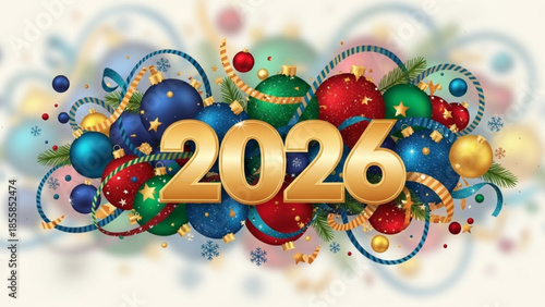 Vibrant new year's eve celebration with colorful christmas ornaments, ribbons, and gold numbers 2026 on a festive background