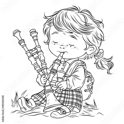 Leprechaun Musician with Bagpipes Line Art Coloring page