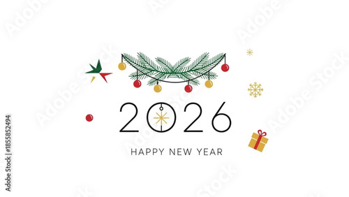 New year 2026 celebration with christmas decorations and gift, happy new year greeting card