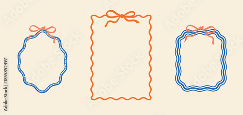 Three wavy outline frames decorated with coral bows. Includes simple line designs in blue and orange. Great for summer labels, greeting cards, invites, packaging, or journaling.