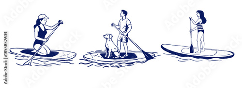 Three line art illustrations of people paddleboarding: kneeling woman, standing woman, and man with dog on a SUP board. Summer outdoor theme, minimal style on white background.