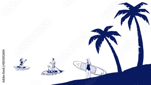 Line art of a beach scene with people paddleboarding, including a man with a dog, a woman kneeling on a board, and another standing with a SUP board near palm trees. Clean outline on white.