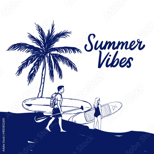 Line art beach scene with a man and woman walking with SUP boards under a palm tree. Includes “Summer Vibes” lettering. Simple summer vacation composition on white background.