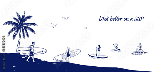 Line art beach scene with paddleboarders, a dog, palm tree, flying birds and quote "Life's better on a SUP". People stand or kneel on boards. Clean minimalist outline on white background.