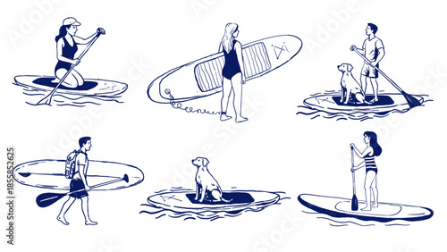Set of line art illustrations with people and a dog on SUP boards. Characters in standing, walking, and kneeling poses. Minimalist beach style, white background. Great for summer sport themes.