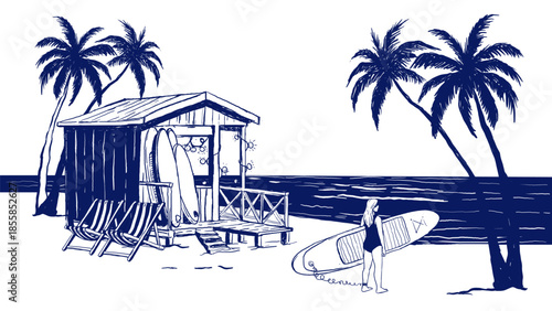 Minimalist line art illustration of a beach scene with a girl and SUP board near a surf shack and palm trees. Clean outline style on white background, ideal for banners and travel visuals.