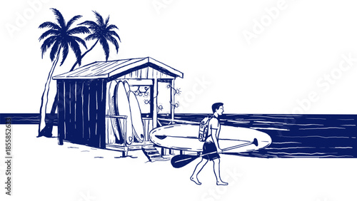 Line art illustration of a tropical beach with a man carrying a SUP board and paddle near a surf hut and palm trees. Clean blue outline on white background, ideal for banners and travel projects.