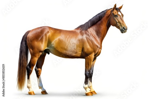 Magnificent brown horse with black mane standing in profile view isolated on white background