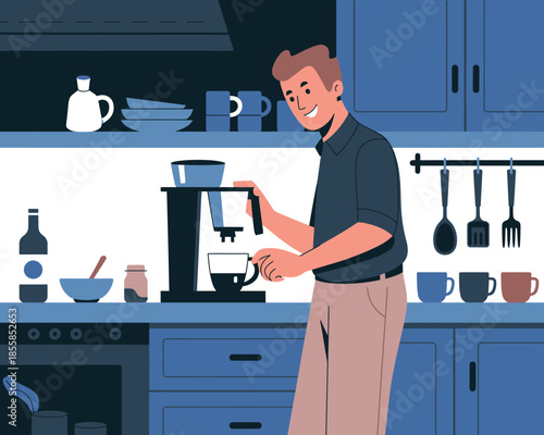 A man is making coffee in a kitchen with a coffee maker and cups on the counter.
