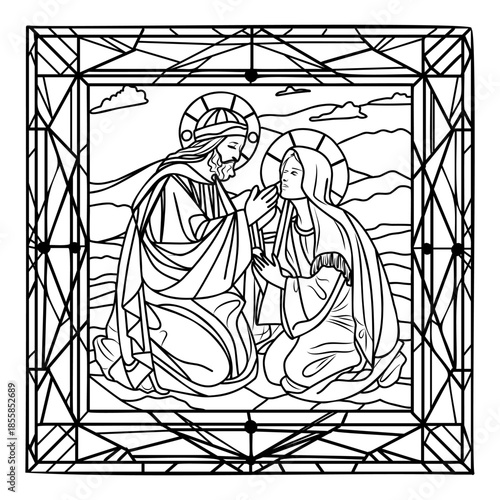 black and white line art illustration depicts a sacred biblical scene inspired by classical Christian iconography. The composition shows Jesus Christ gently blessing or comforting a kneeling woman, tr