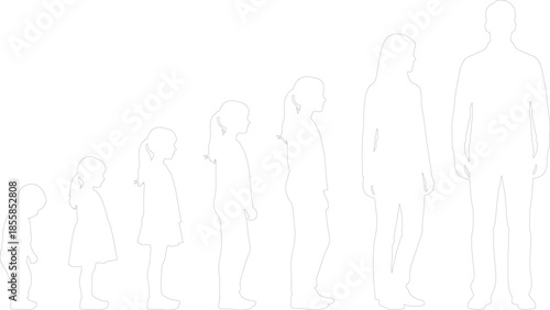Vector Outline of Human Growth Stages Age Development Line Art Figures from Childhood to Adulthood Standing Profile View