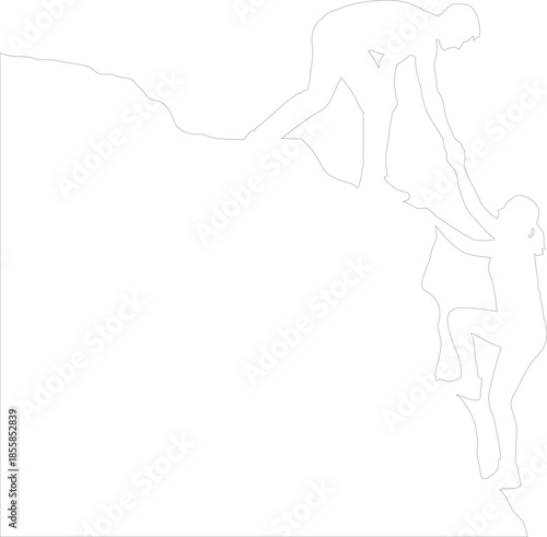 Two People Climbing Cliff Helping Hand Minimalist Vector Outline Graphic