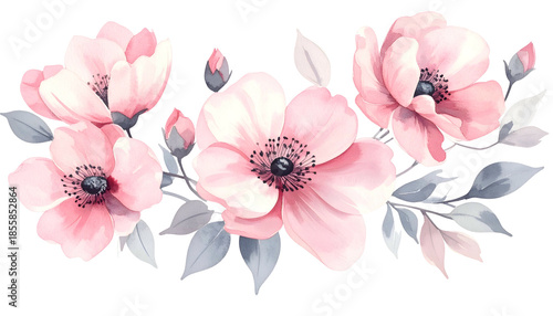 Delicate watercolor floral arrangement with five pink flowers and gray leaves