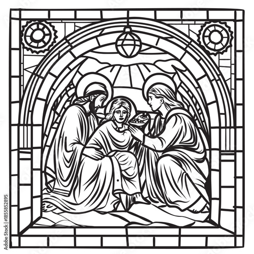 black and white line art illustration depicts a sacred biblical scene inspired by classical Christian iconography. The composition shows Jesus Christ gently blessing or comforting a kneeling woman, tr