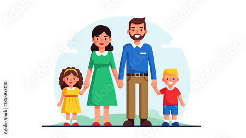 Happy cartoon family standing together holding hands.