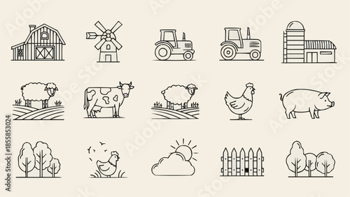 Farm Icons Set Barn Tractor Animals and Crops.