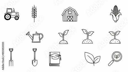 Farm Icons Set Tractor Barn Wheat Corn Watering Can Seedling.