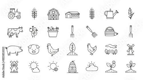 Farm Icons Set Vector Illustration Simple Line Art.