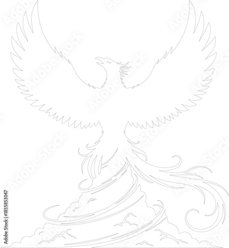 Vector Outline Drawing of a Powerful Phoenix Rising from Flames