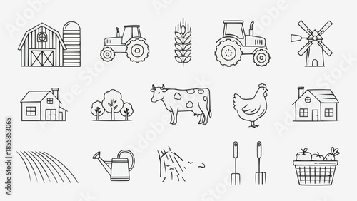 Farm icons set with barn tractor cow chicken and windmill.