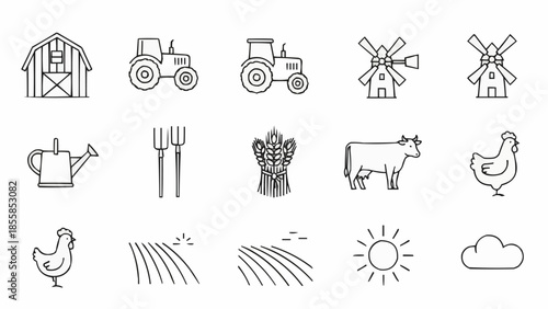 Farm icons set with barn tractor windmill cow chicken and crops.