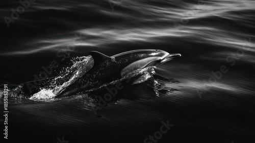 Two dolphins swimming, sleek and monochromatic, breach in wavy, dark waters