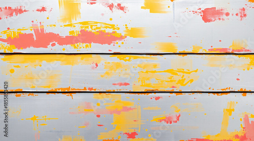 Abstract Brushed Metal Texture with Vibrant Yellow and Orange Paint Splashes, Grunge Industrial Surface for Artistic and Colorful Design Background