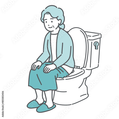 トイレに座ってリラックスしている高齢女性のイラスト（快便・排泄・介護）