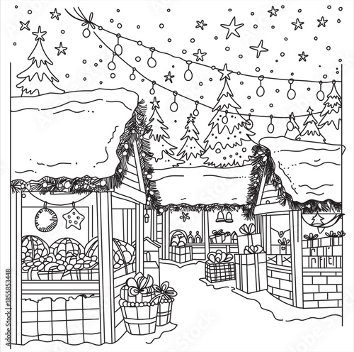 Black and white line art illustration of a cozy winter village house surrounded by snowy pine trees, a small bridge, and a winding path. This detailed hand-drawn illustration is created specifically f