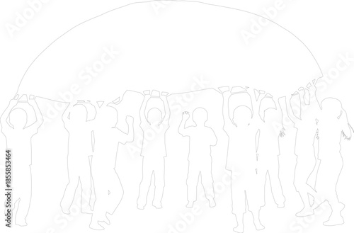 Kids Playing Parachute Game Outline Vector Illustration