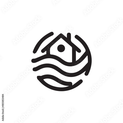 Minimalist house icon surrounded by calming waves within a circle