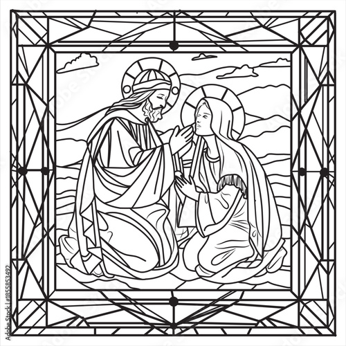 black and white line art illustration depicts a sacred biblical scene inspired by classical Christian iconography. The composition shows Jesus Christ gently blessing or comforting a kneeling woman, tr