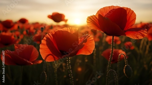 Golden Hour Poppy Flowers Desktop Wallpaper, Ultra-Realistic Cinematic Macro Landscape