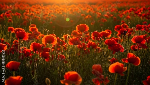 Golden Hour Poppy Field Desktop Wallpaper, Ultra-Realistic Cinematic Floral Landscape