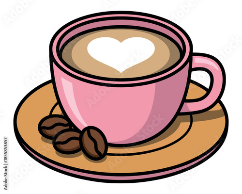 A pink cup of coffee with a heart design and coffee beans sits on a saucer.