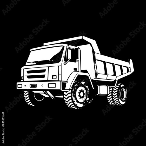 Stylized dump truck illustration in a three-quarter view with clean vector lines and a monochrome palette featuring a range of grayscale tones, from pure white to deep black, with a technical logo aes