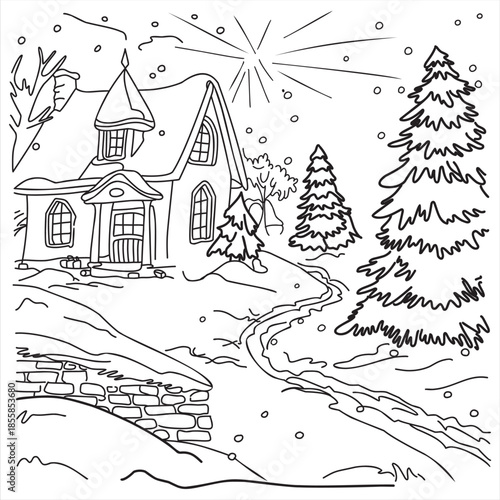 Black and white line art illustration of a cozy winter village house surrounded by snowy pine trees, a small bridge, and a winding path. This detailed hand-drawn illustration is created specifically f