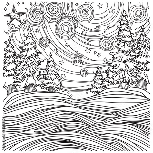 Black and white line art illustration of a cozy winter village house surrounded by snowy pine trees, a small bridge, and a winding path. This detailed hand-drawn illustration is created specifically f