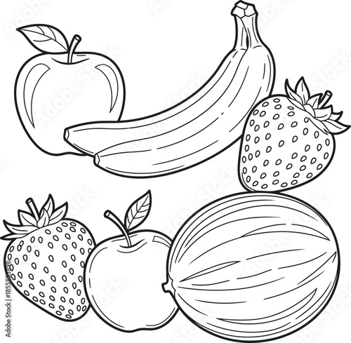 Assorted Fruits Including Apples, Strawberries, and Banana Illustrated in Black and White Line Art
