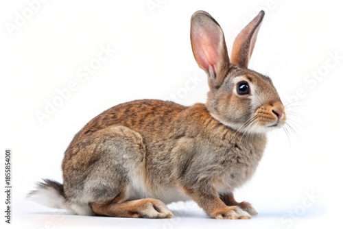 Side view of a green parakeet bird standing on a white background