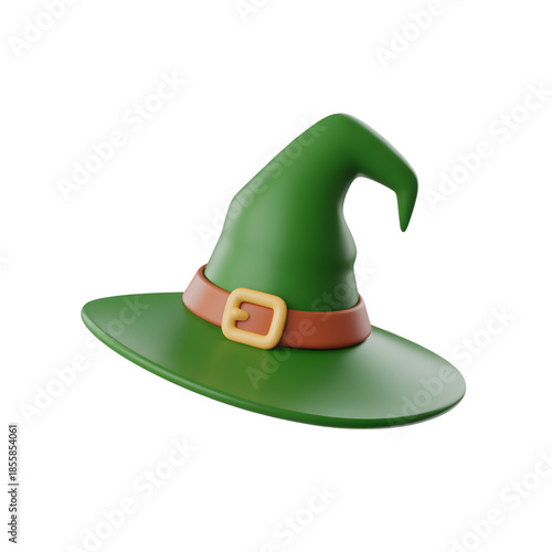 Green Wizard Hat with Brown Belt and Gold Buckle Isolated on White