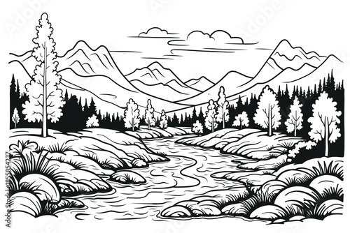 Black and white line art illustration of a cozy winter village house surrounded by snowy pine trees, a small bridge, and a winding path. This detailed hand-drawn illustration is created specifically f