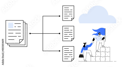 Data storage, file sharing, cloud computing, teamwork, collaboration, success. Documents and cloud connection with a team helping each other on puzzle steps. Cloud computing and teamwork concepts
