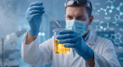 Male scientist in lab coat and blue gloves holding beaker with yellow liquid and dropper in laboratory setting with molecular structures on wall