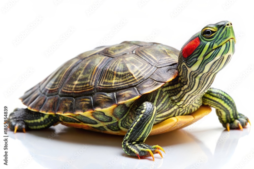 Fototapeta premium Small green parakeet standing in profile on a plain white background