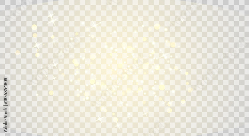 Light gold dust bokeh background. Soft golden particles, gentle flares and star sparkles on a light creamy background. Elegant glowing festive texture for luxury design, holidays and creative projects