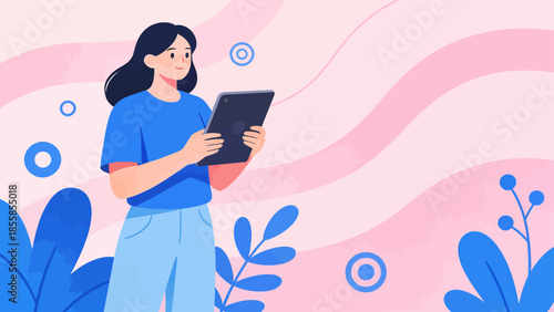 Woman using tablet in colorful setting