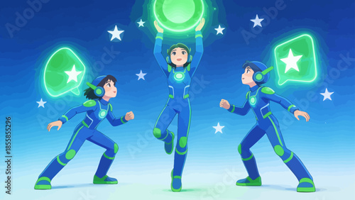 Three animated characters in space suits