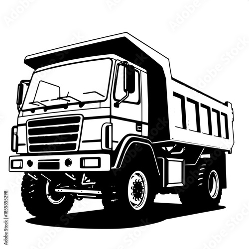 “Professional vector dump truck design, bold black fills, white background, strong structure emphasis, industrial branding look.”